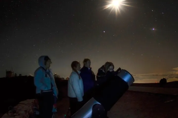 A group of people looking up at the sky.