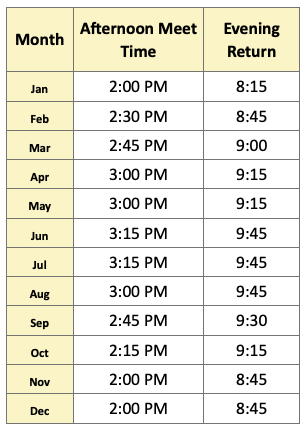 Table showing meeting and return times by month, with varying PM schedules from Jan to Dec.