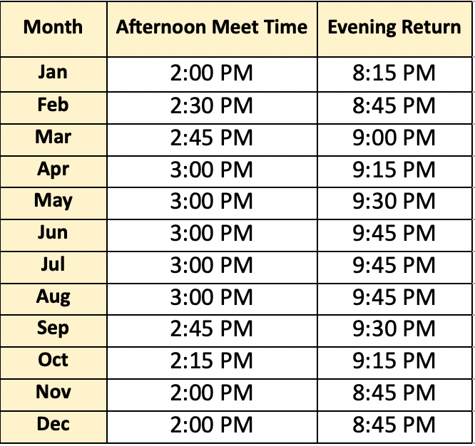 Table of meet times: months, afternoon at 2-3 PM, evening return at 8:15-9:45 PM.